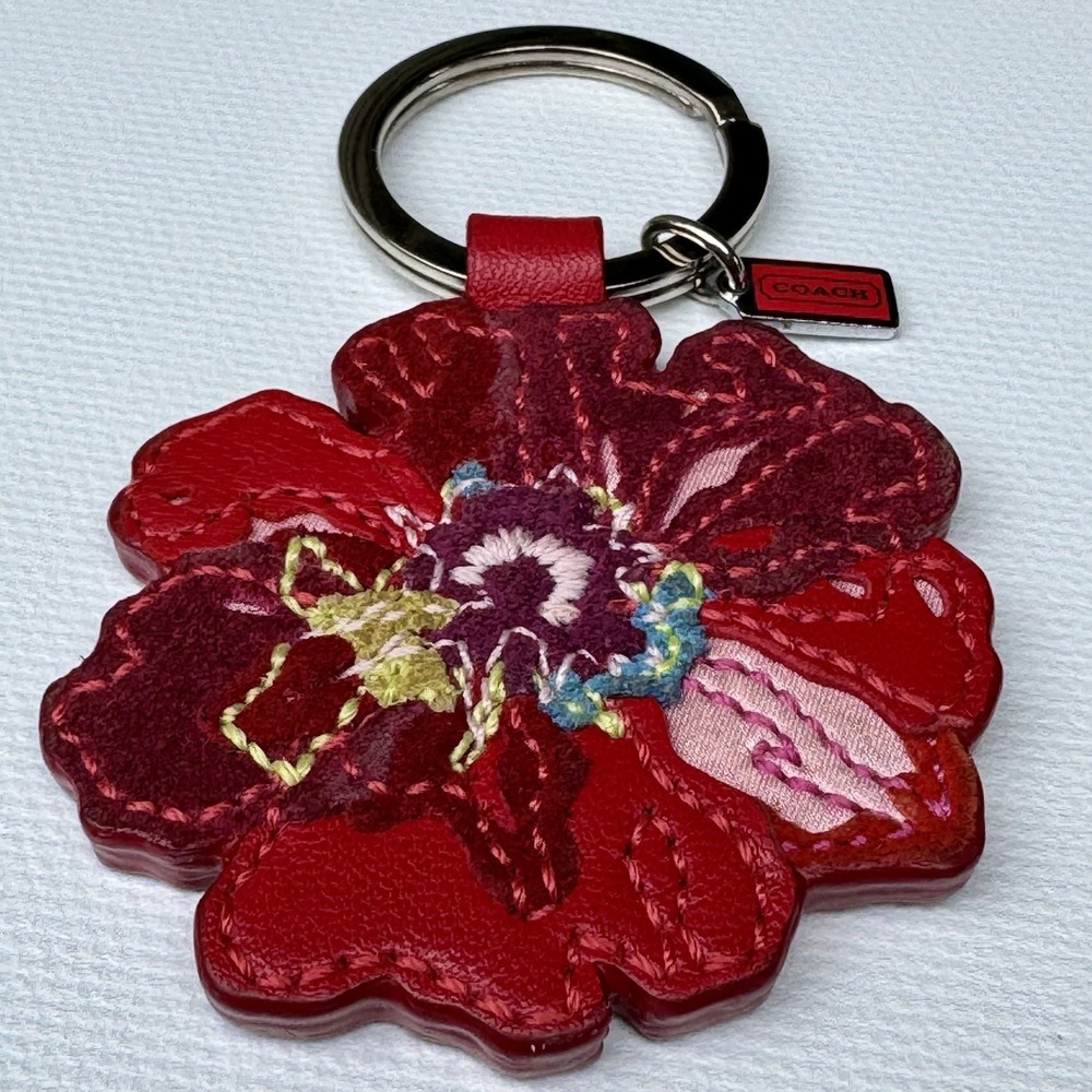 Coach Red Poppy Flower Signature Bag Charm Leather Keychain Fob VTG Y2K - Picture 3 of 16